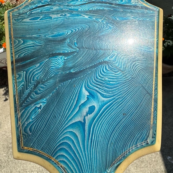 Hand Mirror, Ivory Colored Celluloid, Beveled, Blue Swirl Design, c. 1920s - Picture 6 of 7